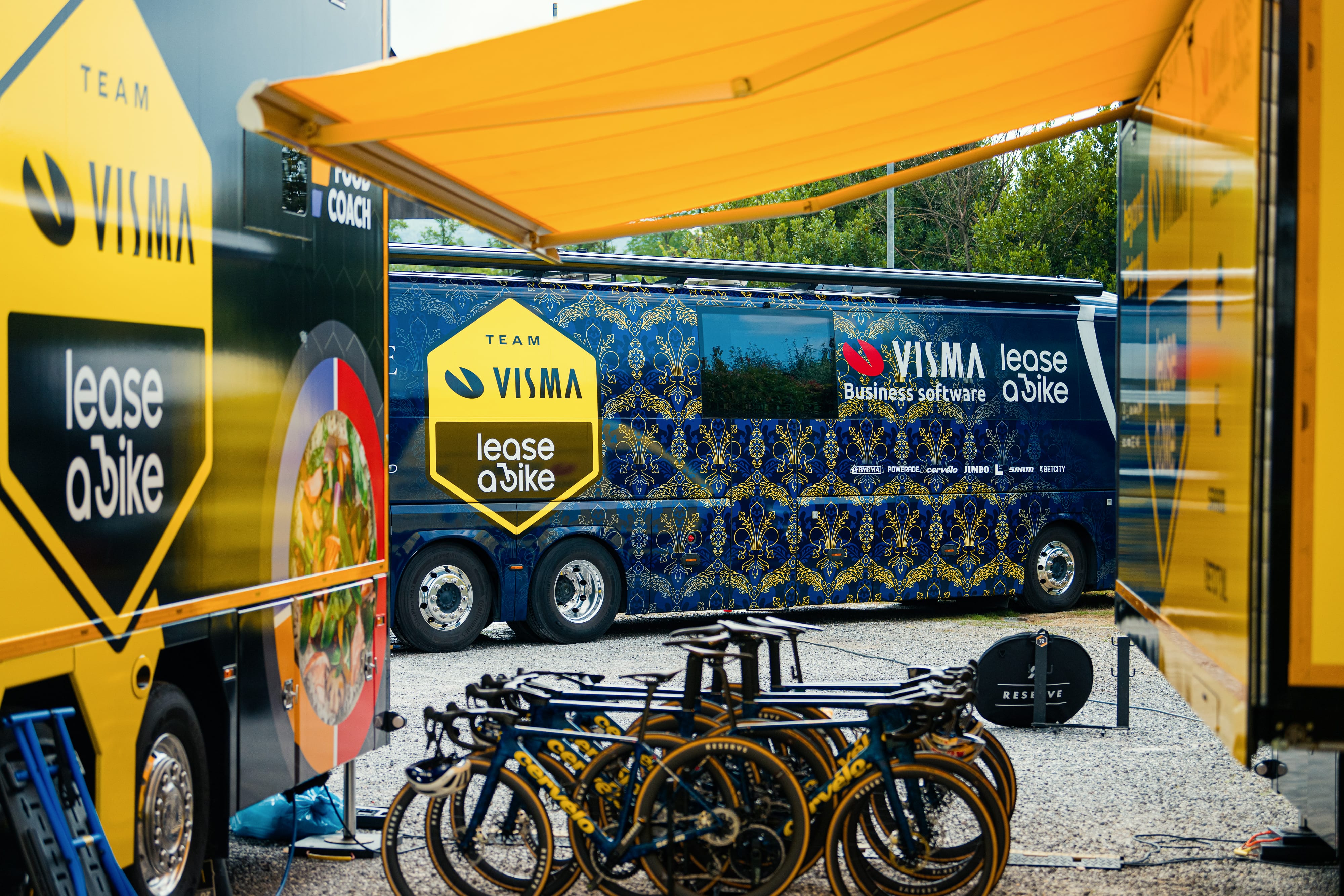 Team Visma Lease a Bike bus with Team Visma Lease a Bike bikes in front of it
