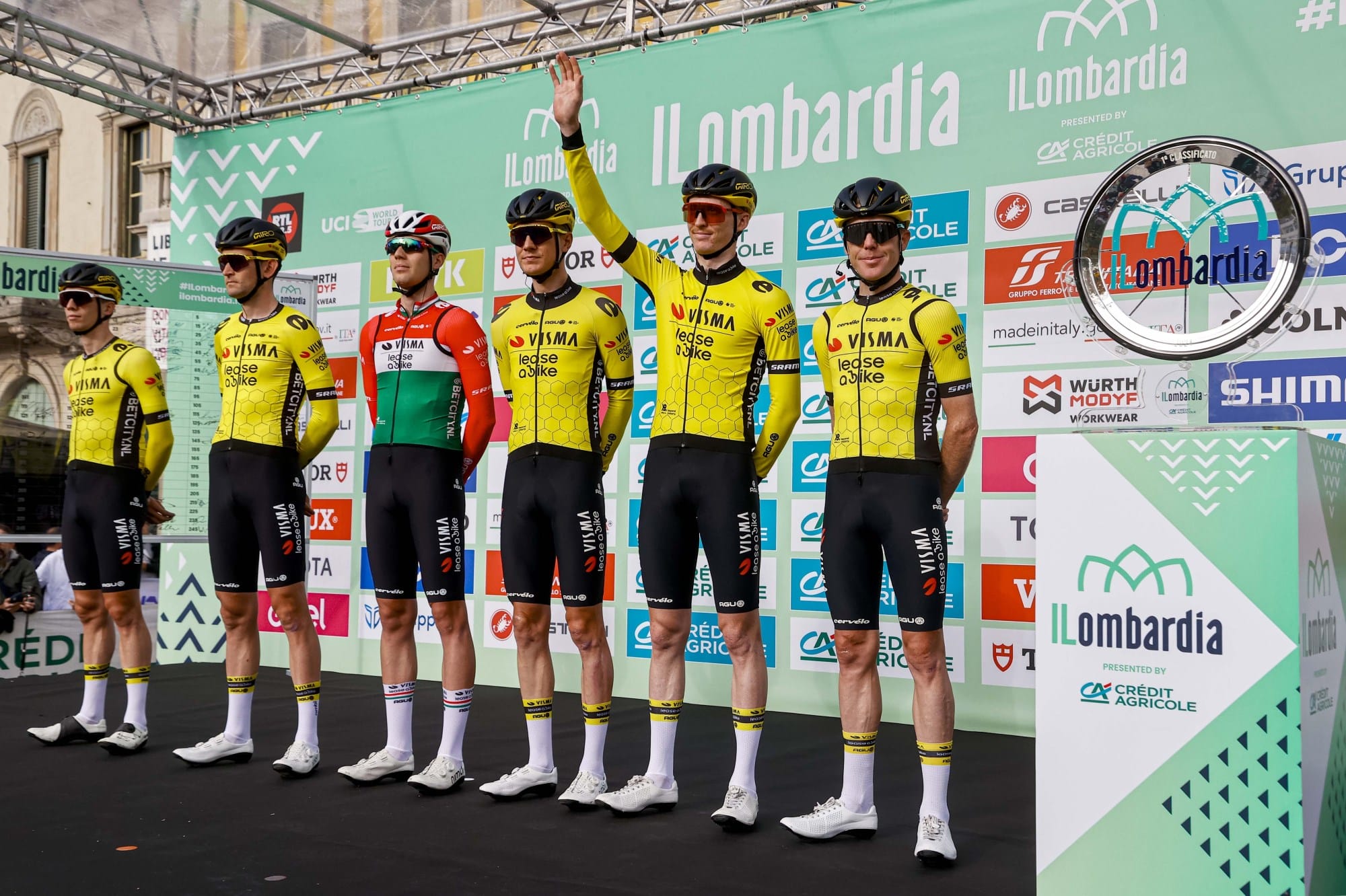 Riders pose having taken part in the Il Lombardia, one of the many