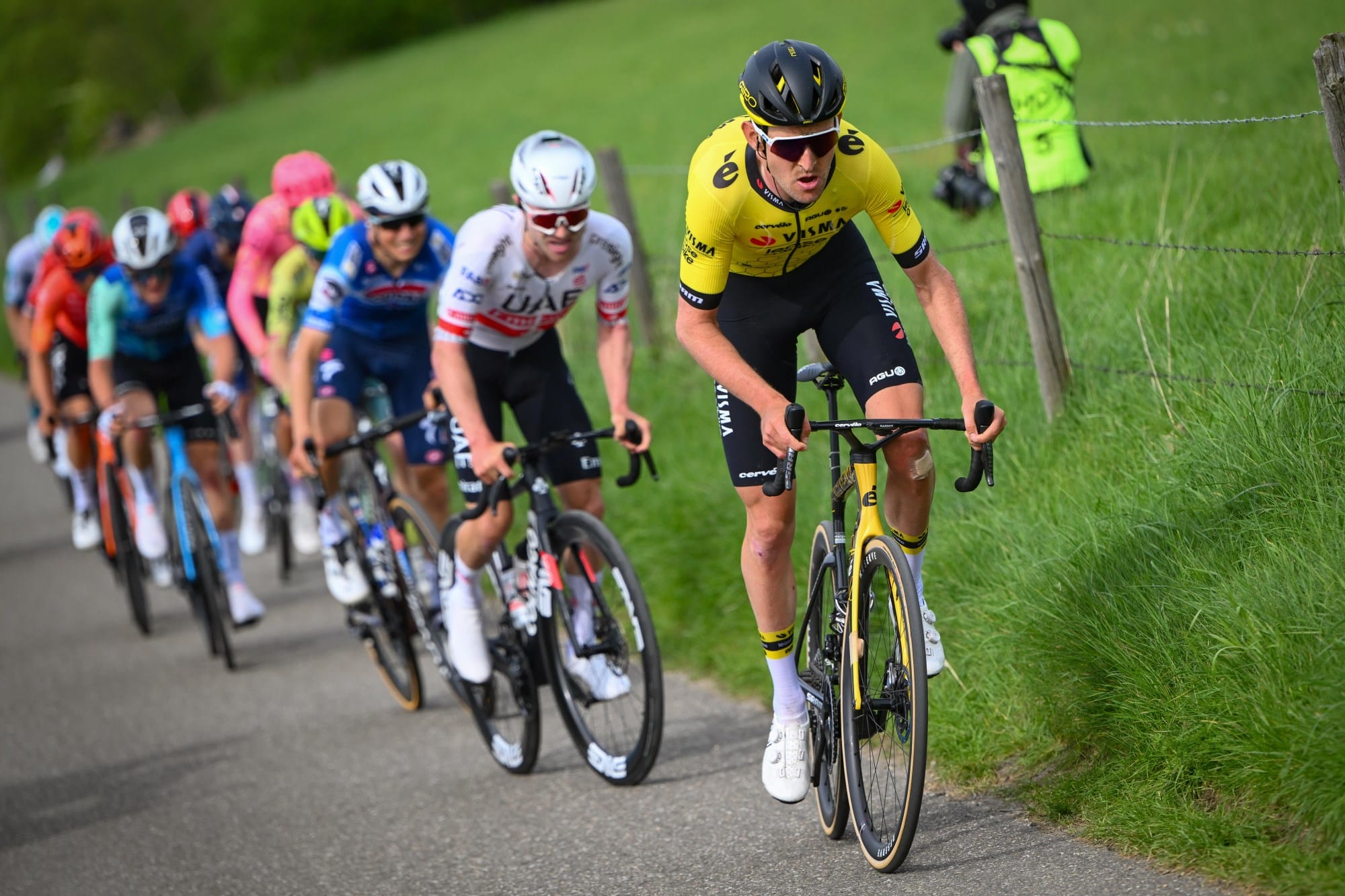 A Team Visma | Lease a Bike rider battles through the Spring Classic of Amstel Gold