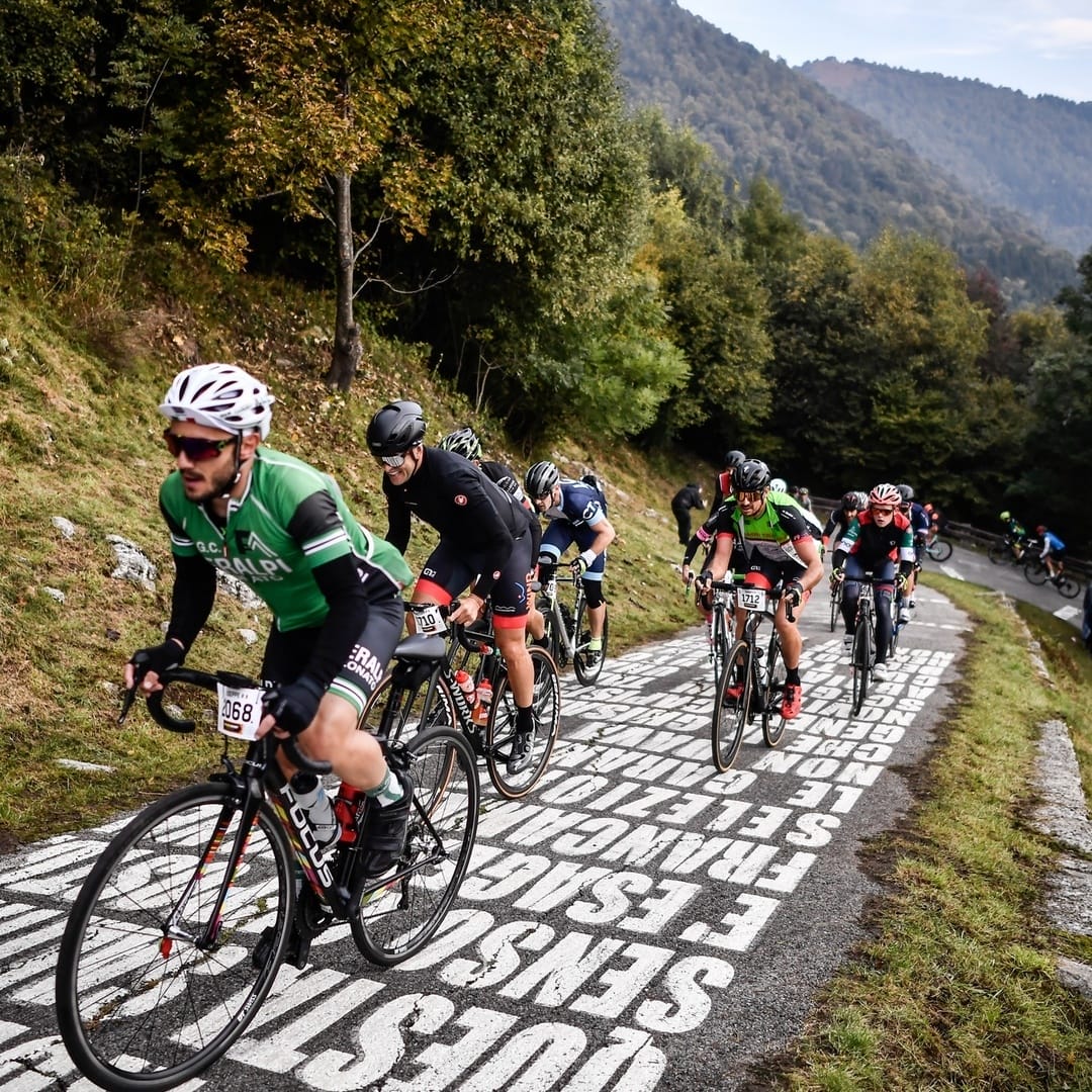 Riders taking on the challenging hills during the Il Lombardia cycling race