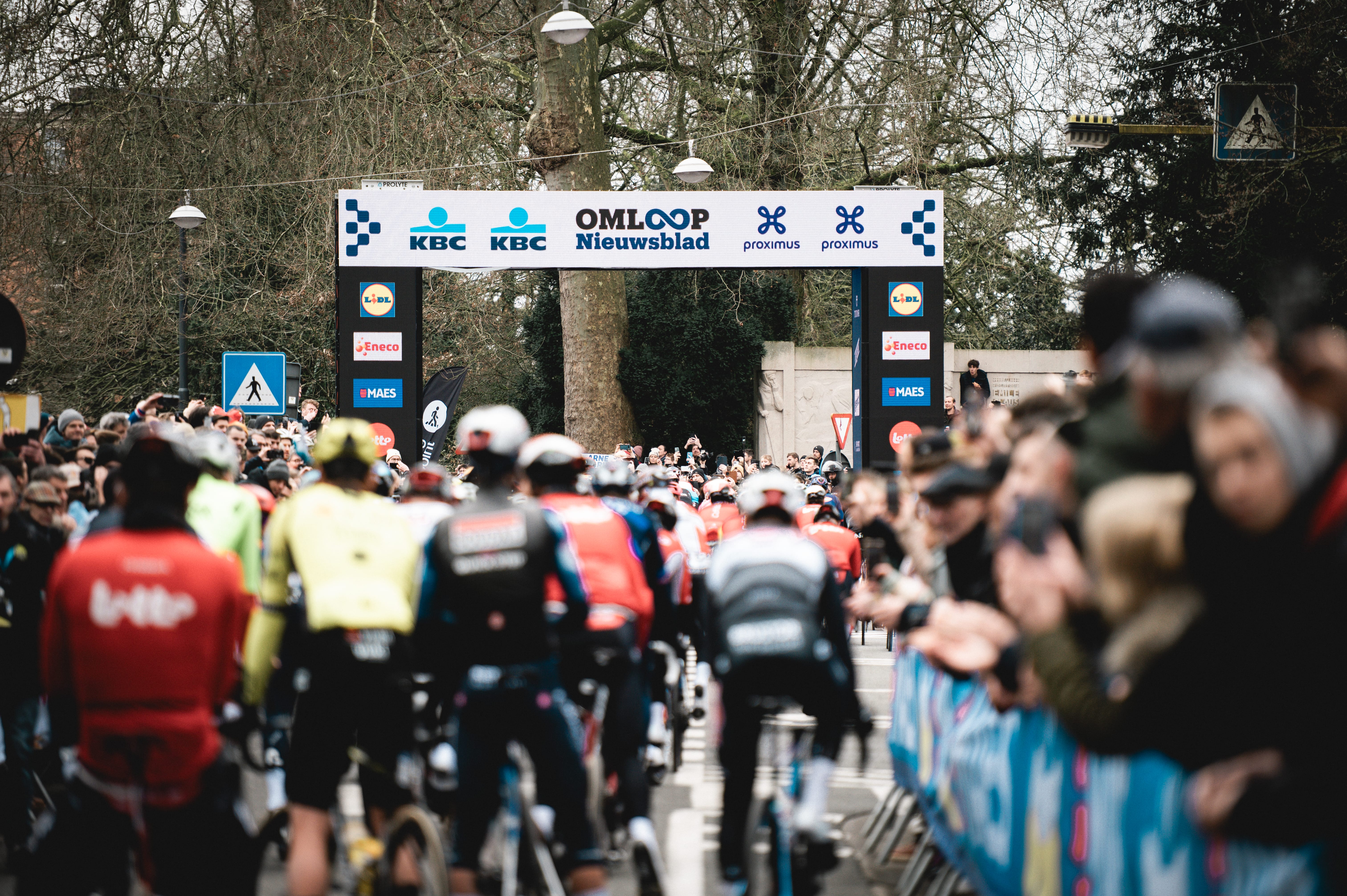 Riders get set to start their race at Omloop Het Nieuwsblad